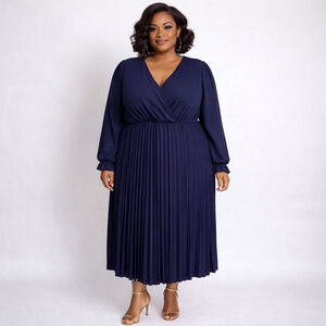 KOJOOIN Navy Long Sleeve Pleated Dress 4X